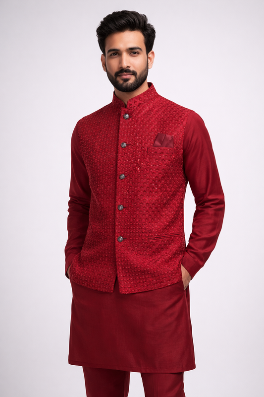 KPD6215 Red Work Nehru Jacket and Maroon Kurta Pyjama Set