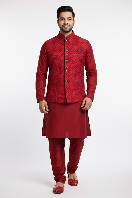 KPD5298 Plus Size Red Work Nehru Jacket