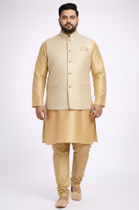 KPD5297 Plus Size Gold Jacquard Nehru Jacket