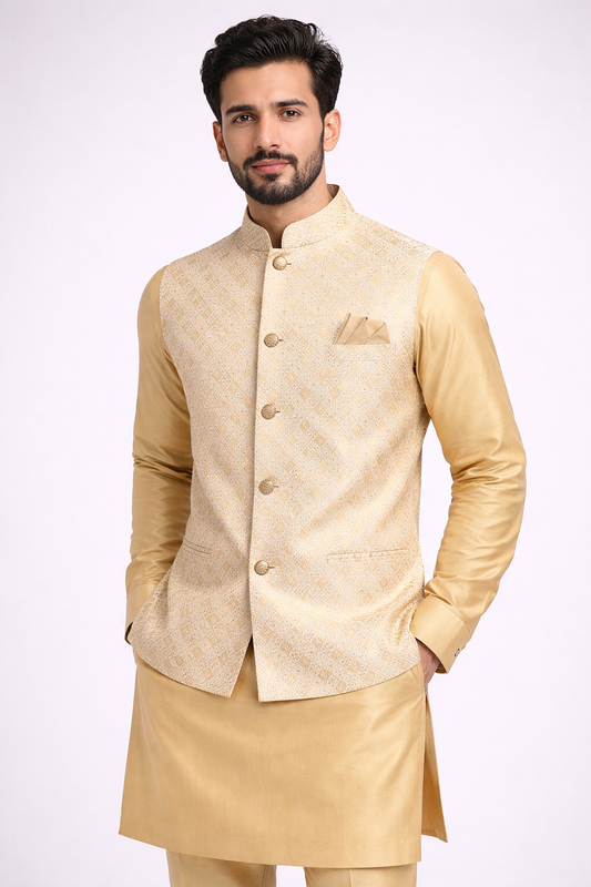 KPD6214 Gold Jacquard Nehru Jacket and Golden Kurta Pyjama Set