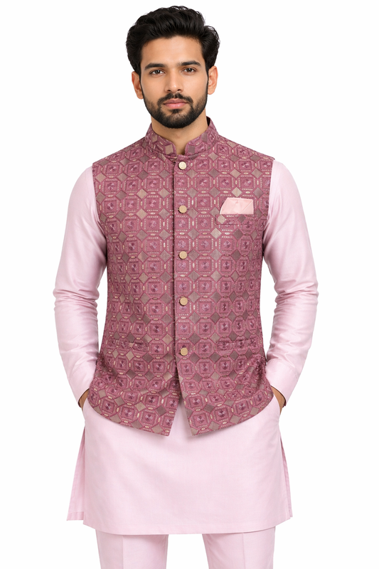 KPD6211 Pink Nehru Jacket and Light Pink Kurta Pyjama Set