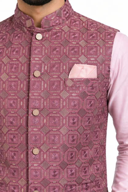 KPD5295 Plus Size Pink Heavy Work Nehru Jacket