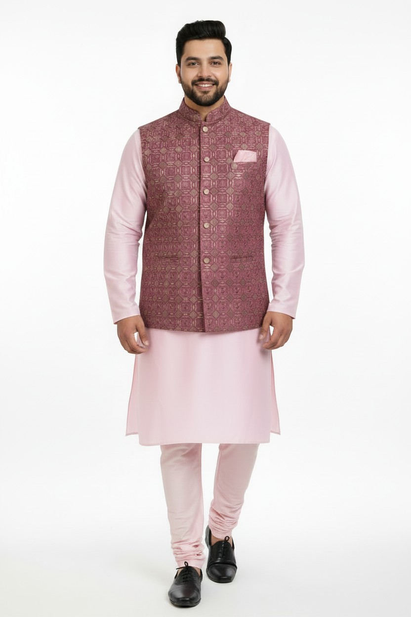 KPD5295 Plus Size Pink Heavy Work Nehru Jacket