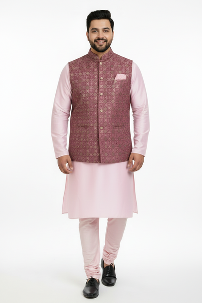 KPD5295 Plus Size Pink Heavy Work Nehru Jacket