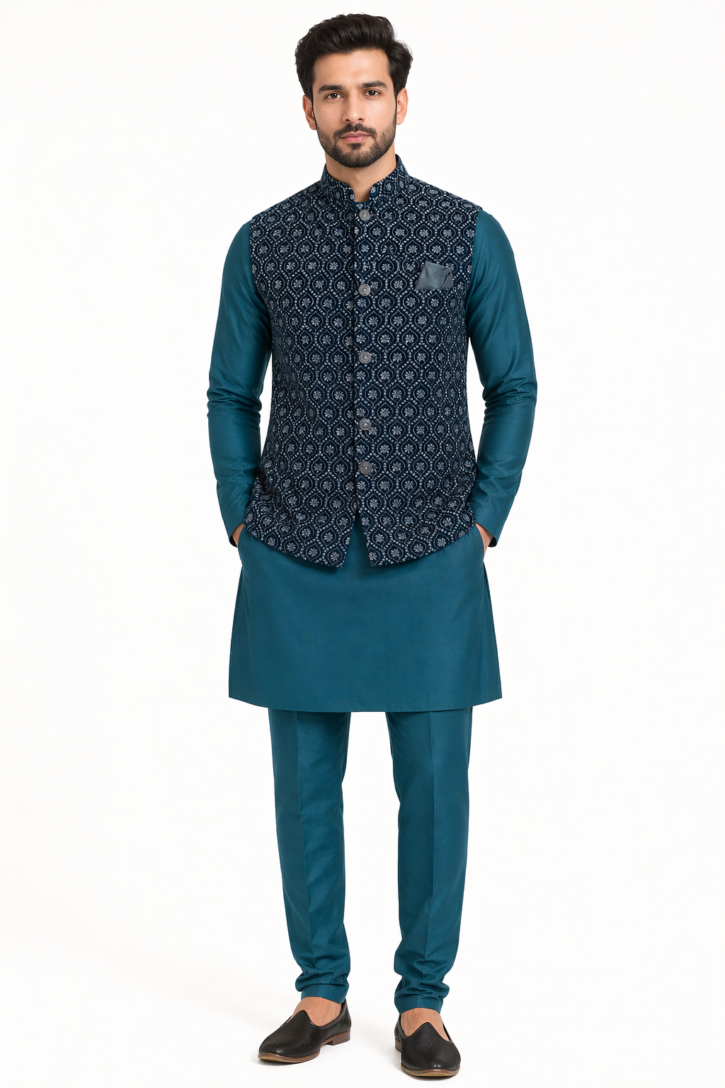 KPJ7098 Dark Teal Heavy Work Nehru Jacket