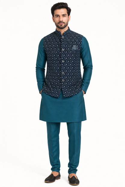 KPJ7098 Dark Teal Heavy Work Nehru Jacket