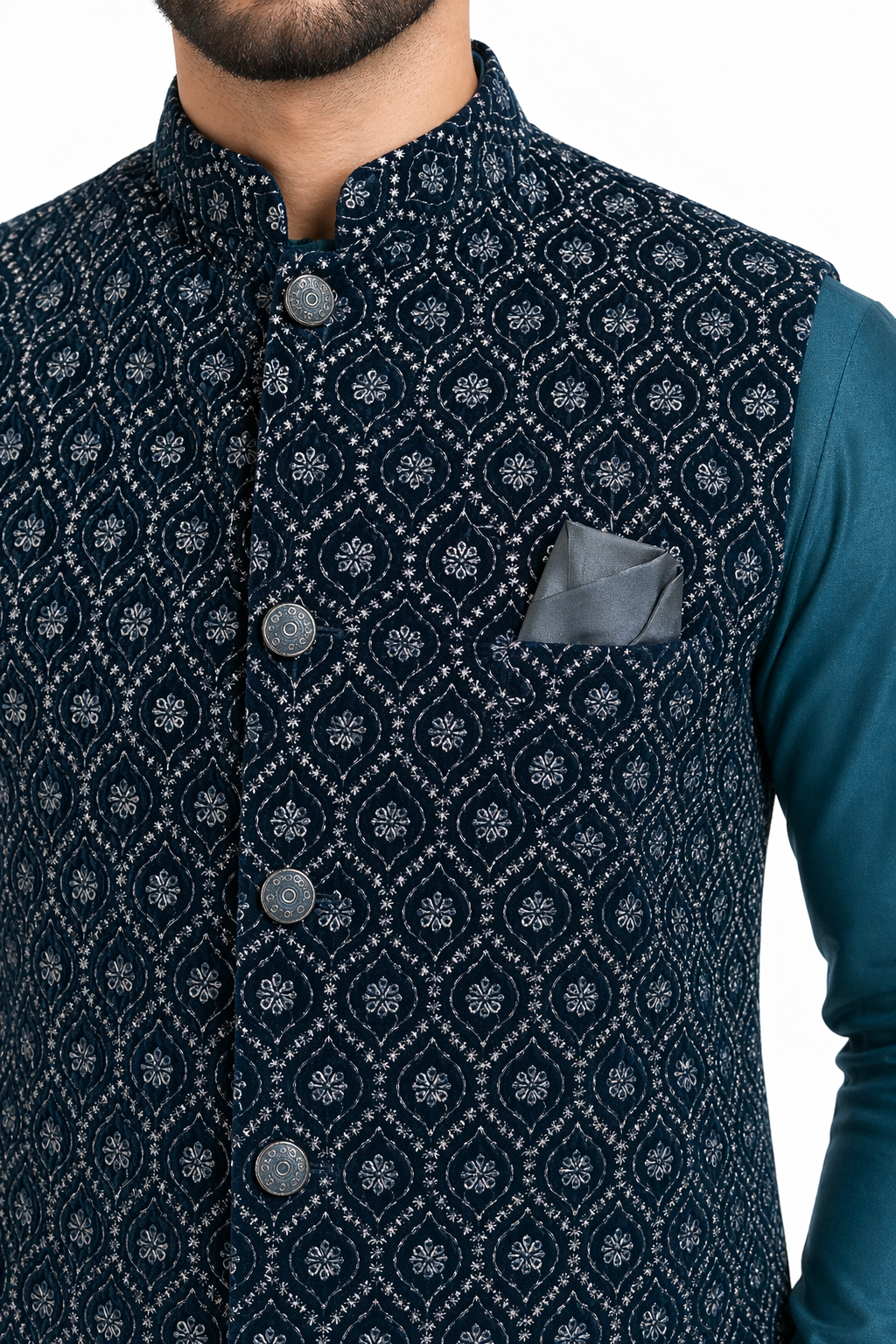KPJ7098 Dark Teal Heavy Work Nehru Jacket