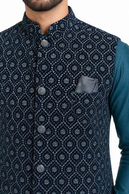 KPJ7098 Dark Teal Heavy Work Nehru Jacket