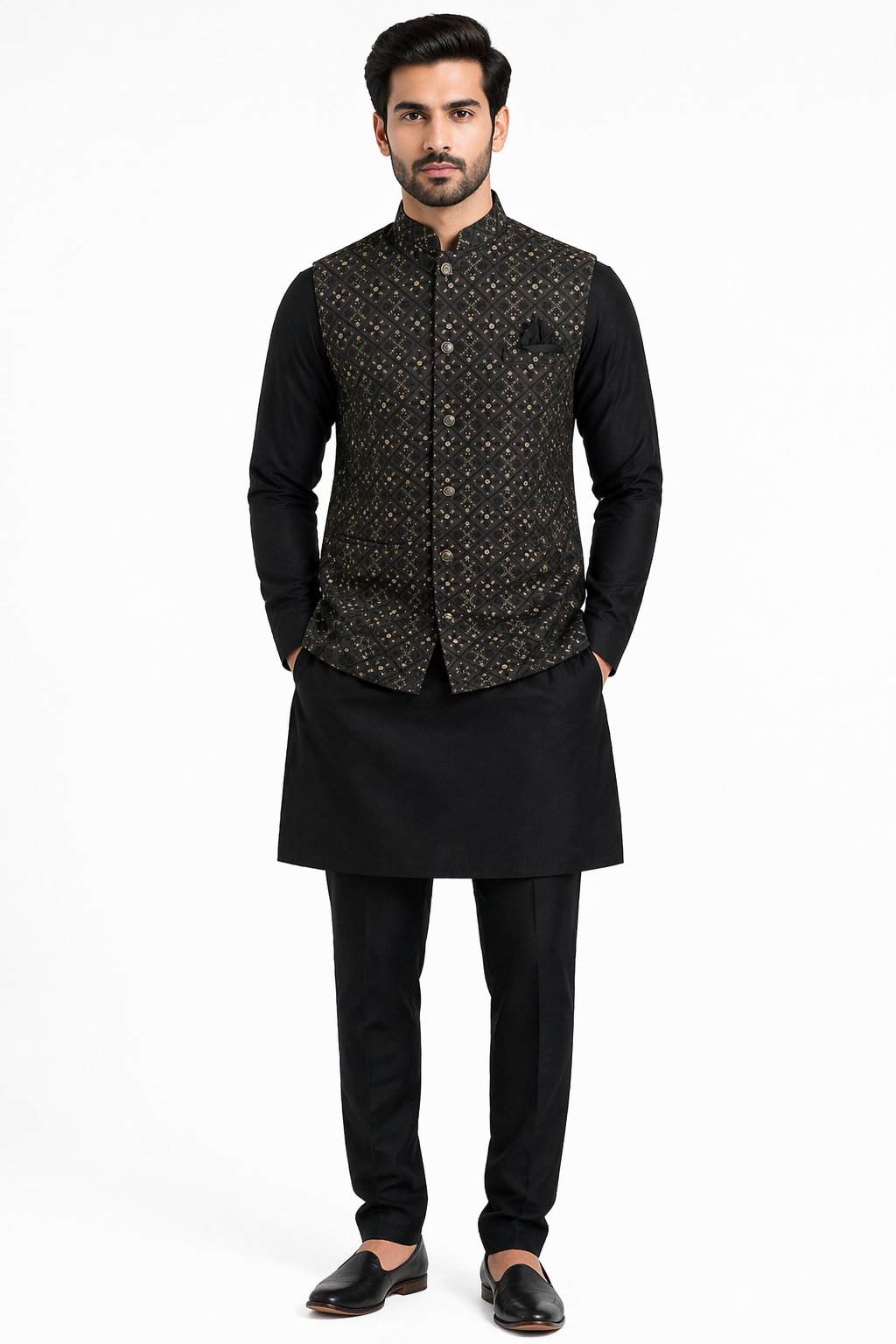Black Heavy Work Nehru Jacket with Black Kurta Pyjama
