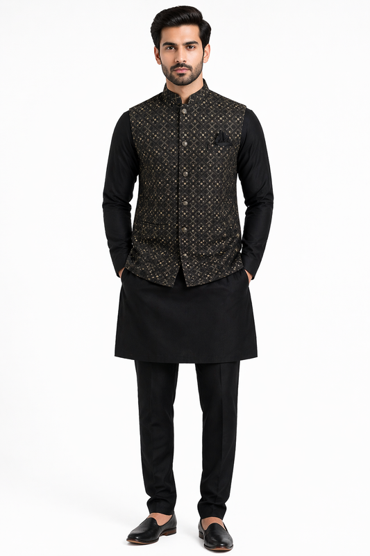 Black Heavy Work Nehru Jacket with Black Kurta Pyjama