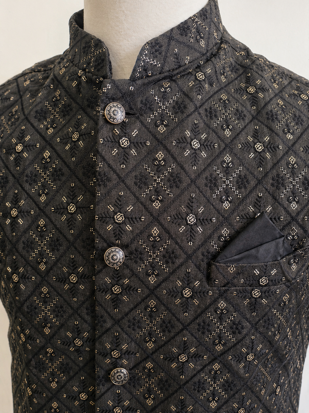 Black Heavy Work Nehru Jacket 