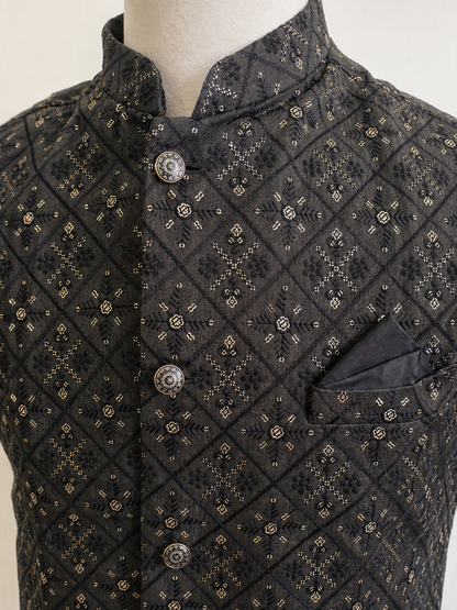 Black Heavy Work Nehru Jacket 