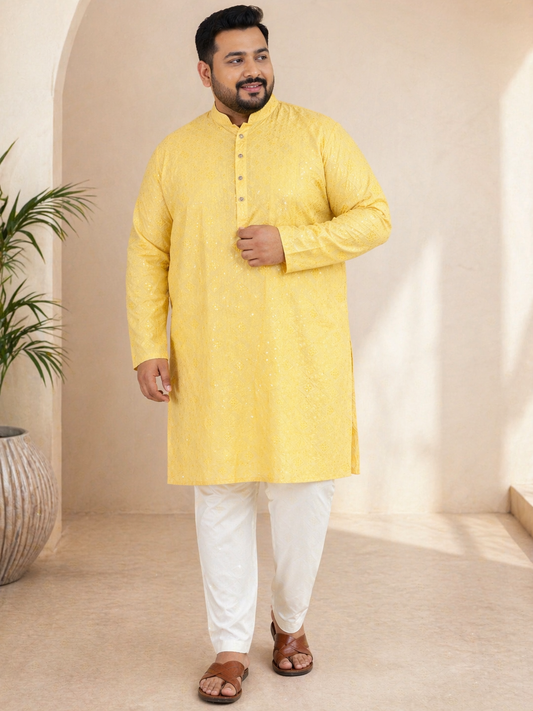 KPD4075 Plus Size Light Yellow Threadwork Kurta