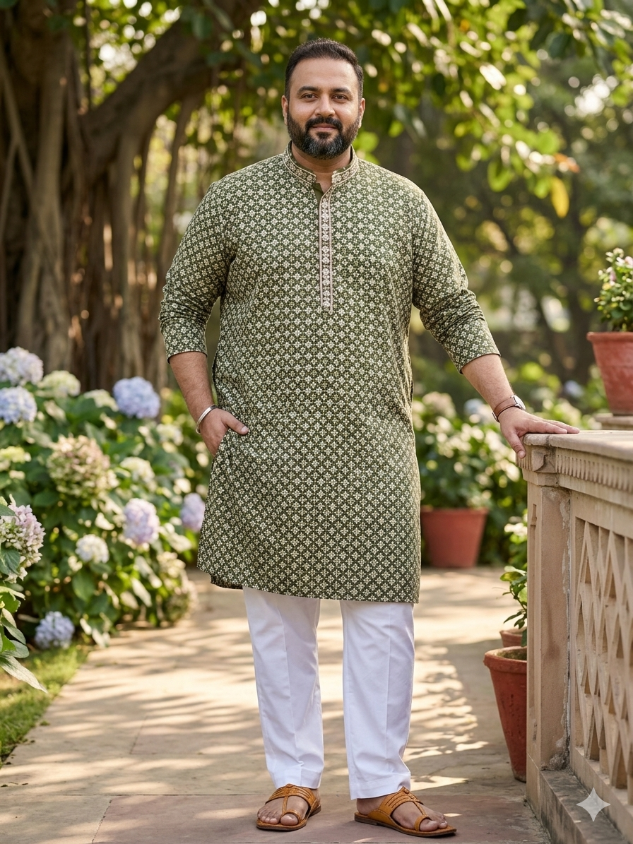 Plus Size Olive Green Threadwork Kurta
