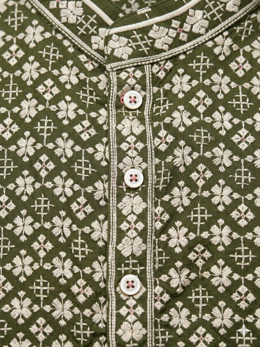 Plus Size Olive Green Threadwork Kurta