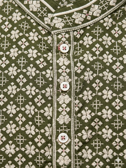 Plus Size Olive Green Threadwork Kurta