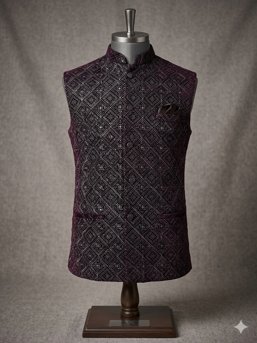 Velvet wine nehru jacket