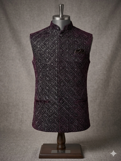 Velvet wine nehru jacket