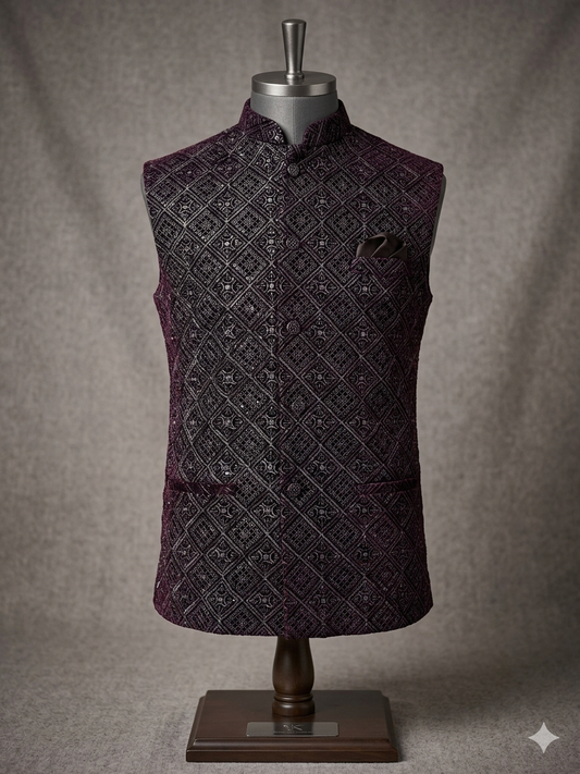 Velvet wine nehru jacket