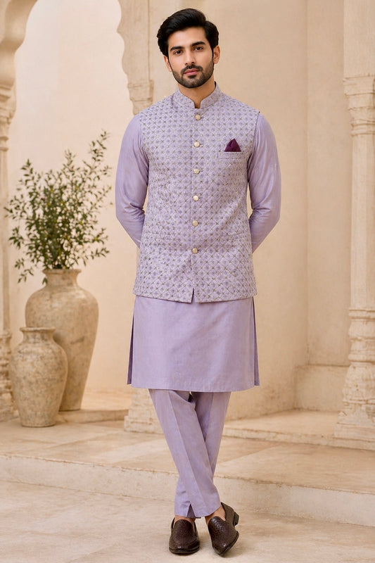 KPD6220 Lavender Heavy Work Nehru Jacket and Lavender Kurta Pyjama Set