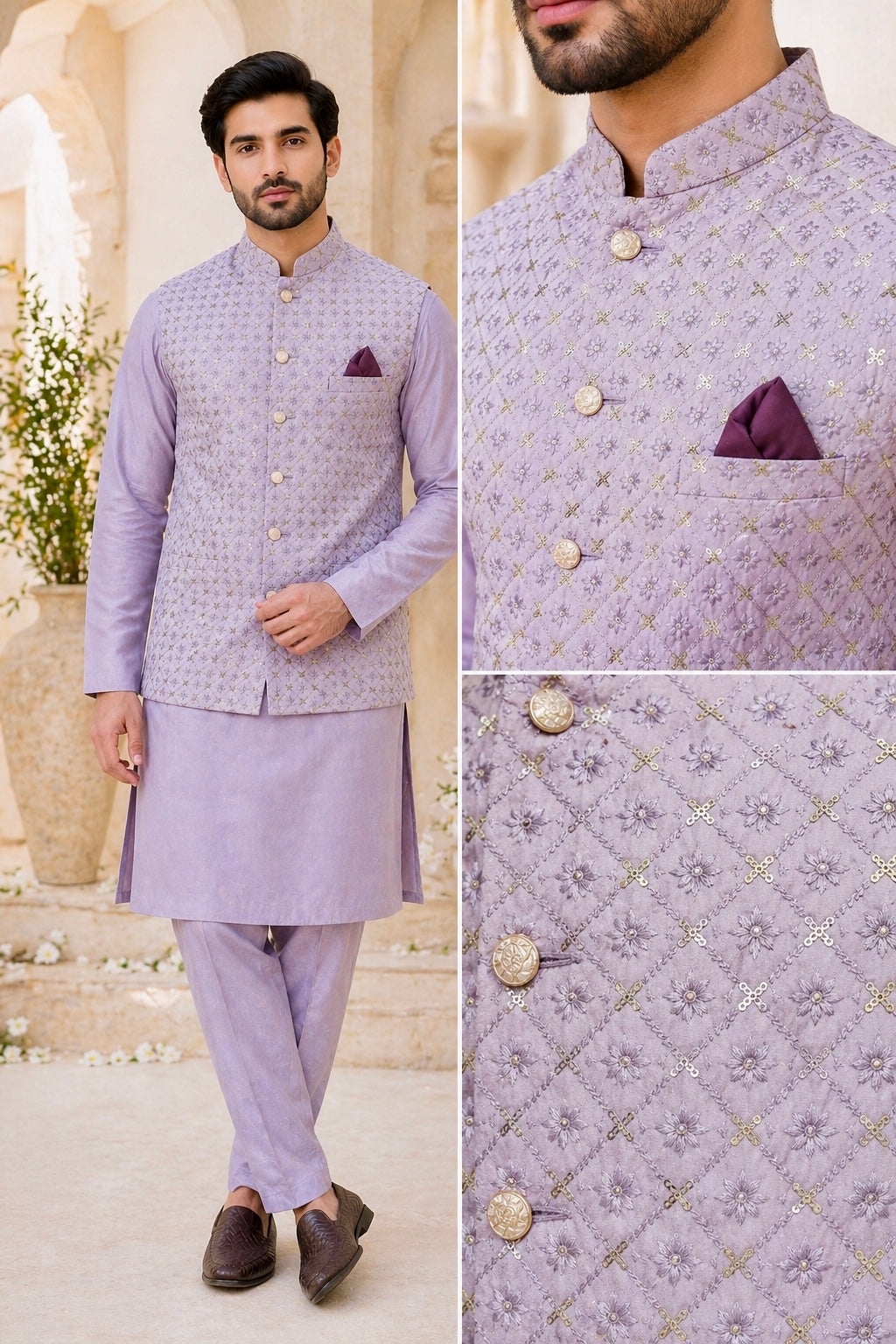  Lavender Heavy Work Nehru Jacket and Lavender Kurta Pyjama Set