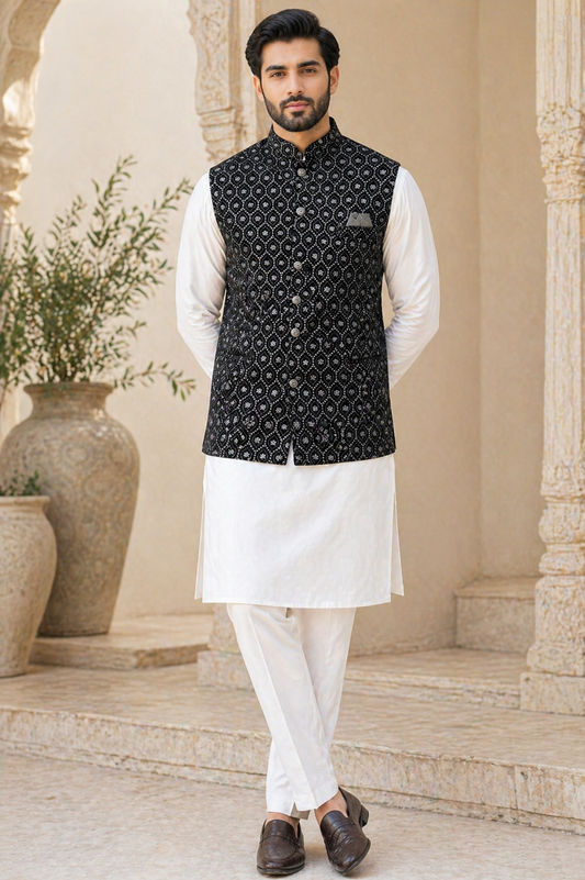 Black Velvet Nehru Jacket and White Kurta Pyjama Set