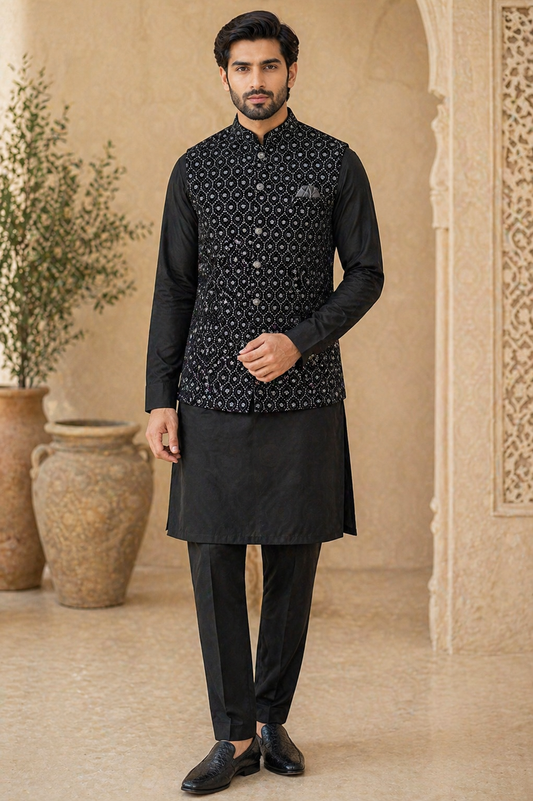 Black Velvet Nehru Jacket and Black Kurta Pyjama Set