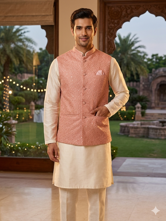 KPD6221 Peach Embroidered Nehru Jacket and Peach Kurta Pyjama Set