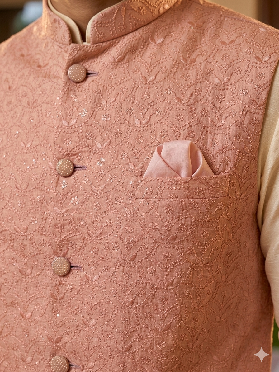 Peach Embroidered Nehru Jacket 