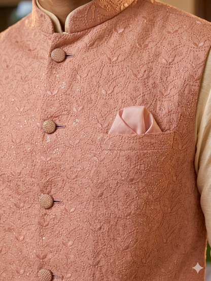 Peach Embroidered Nehru Jacket 