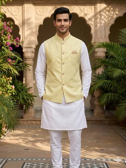 Lemon Yellow Sequins Work Nehru Jacket and White Kurta Pyjama Set