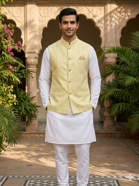 KPJ7108 Lemon Yellow Sequins Work Nehru Jacket