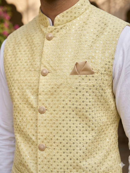 Lemon Yellow Sequins Work Nehru Jacket and White Kurta Pyjama Set