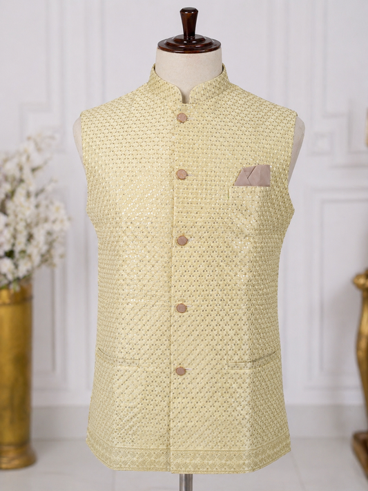 Lemon Yellow Sequins Work Nehru Jacket 