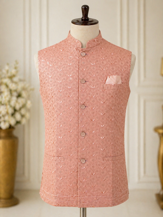 Peach Embroidered Nehru Jacket 