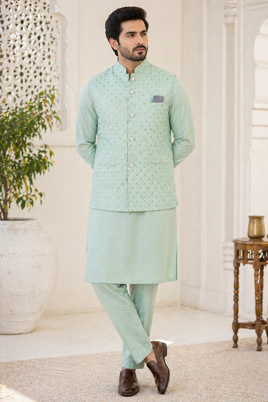 Sea green nehru jacket and kurta pyjama set