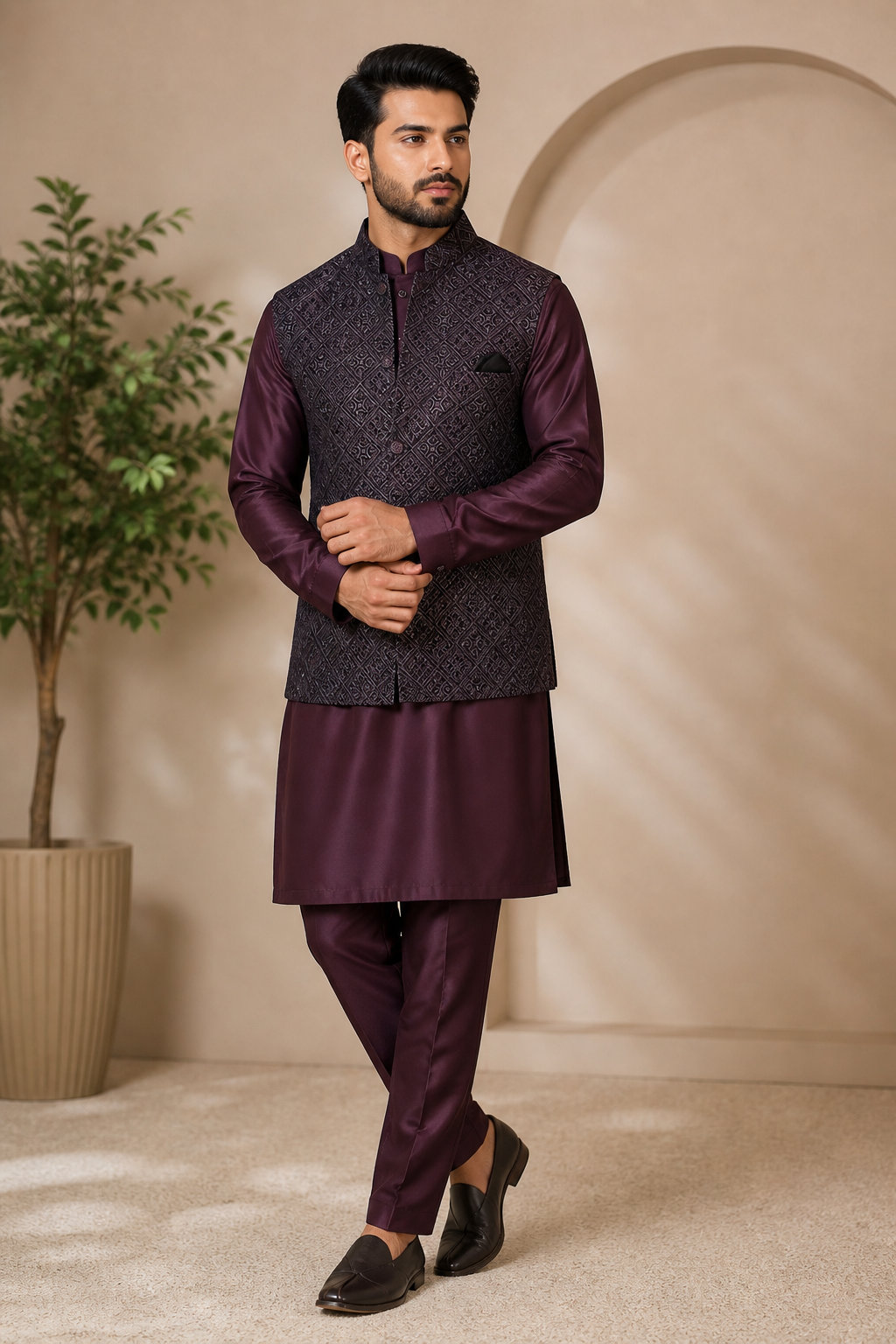 Man wearing a wine kurta pyjama with velvet wine nehru jacket 