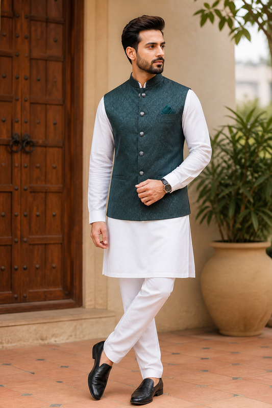 Green Jacquard Nehru Jacket and White Kurta Pyjama Set