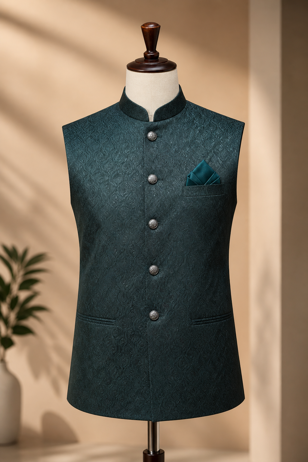 Green Jacquard Nehru Jacket 