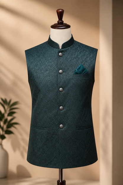 Green Jacquard Nehru Jacket 