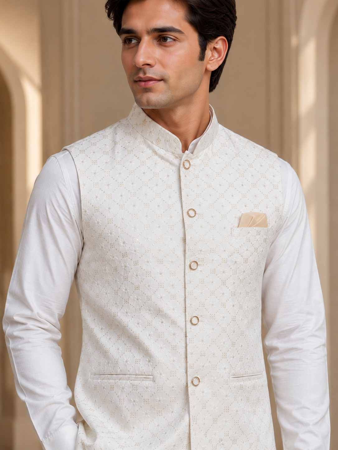 White Sequins Nehru Jacket