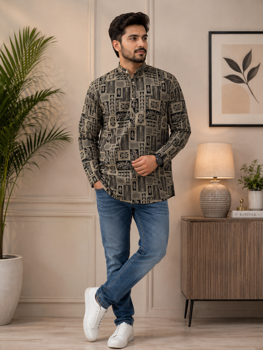 Black Block Print Short Cotton Kurta for Men