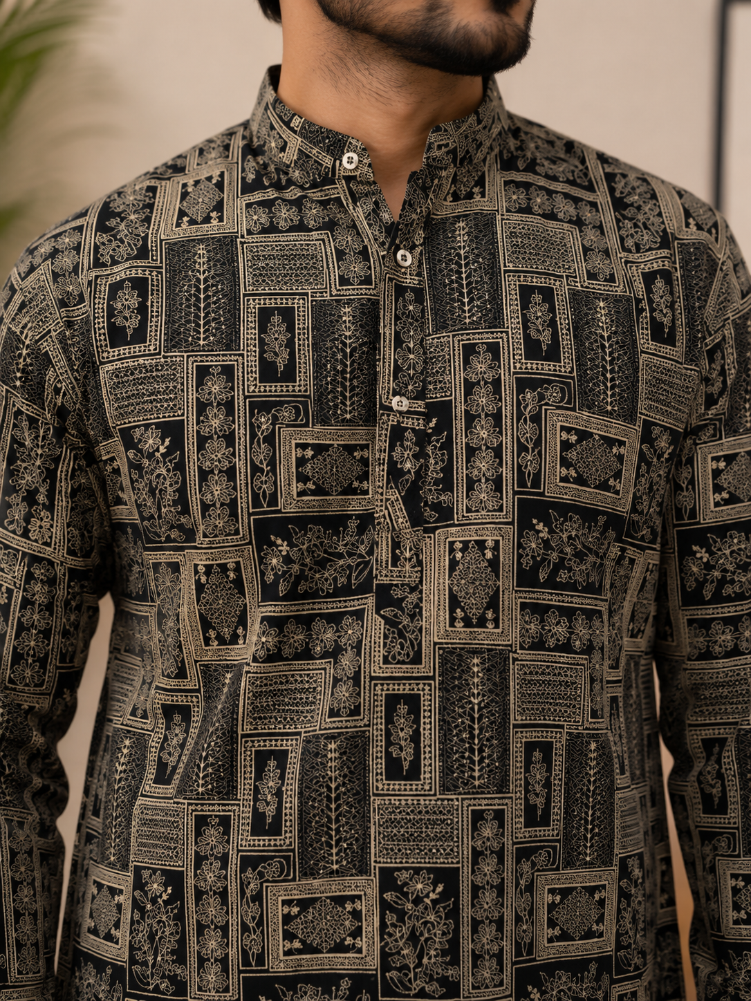 Black Block Print Short Cotton Kurta for Men