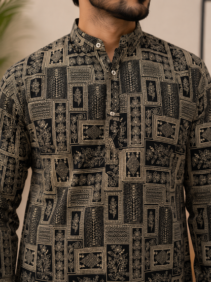 Black Block Print Short Cotton Kurta for Men