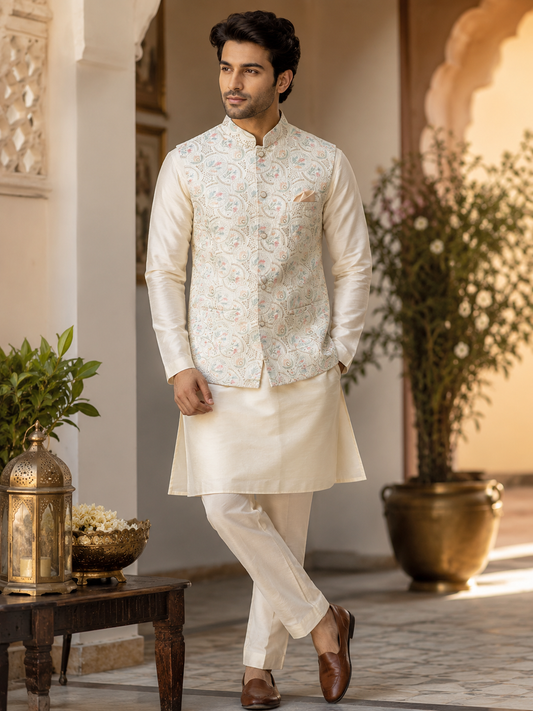 Off-White Multicolour Work Sequins Nehru Jacket with Ivory Kurta Pyjama