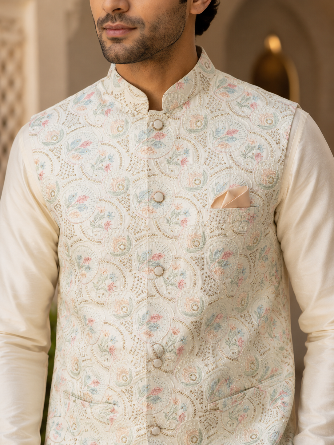 Off-White Multicolour Work Sequins Nehru Jacket with Ivory Kurta Pyjama