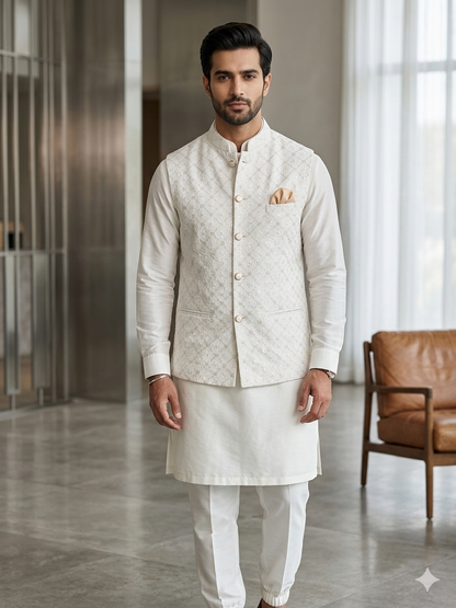White Sequins Nehru Jacket with White Kurta Pyjama