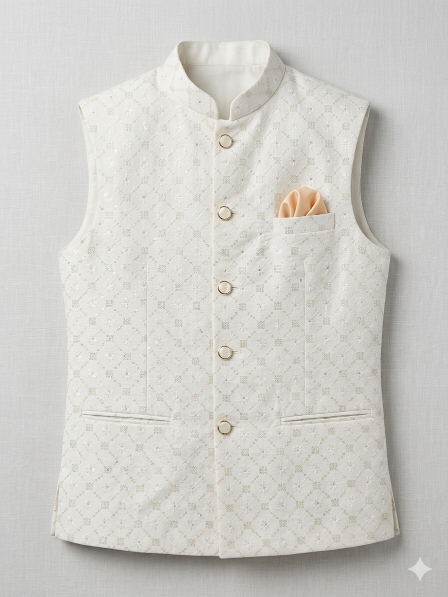 White Sequins Nehru Jacket