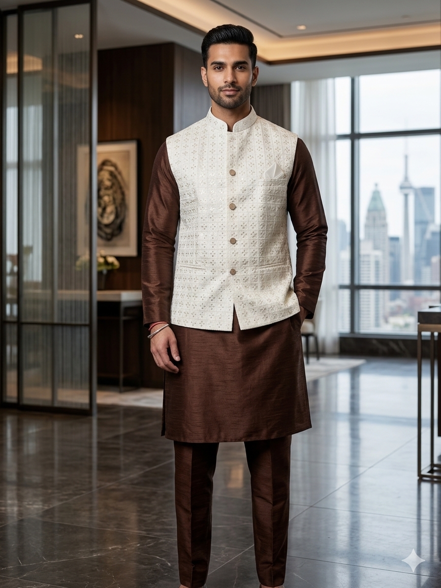 Cream Nehru Jacket with Brown Kurta Pyjama Set