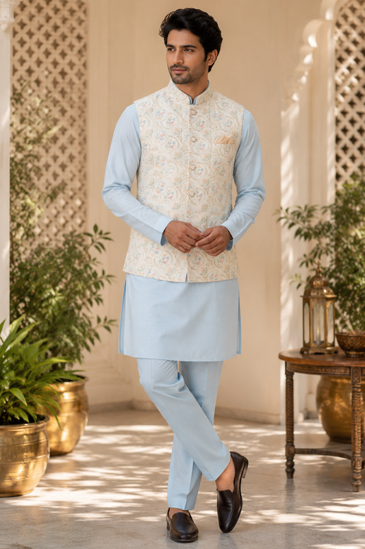 Off-White Multicolour Work Sequins Nehru Jacket with Blue Kurta Pyjama